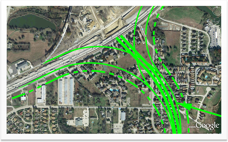 SH190 PGBT East Branch Alignment at I-30 - Image provided by Google Earth - Schematics as of 2007